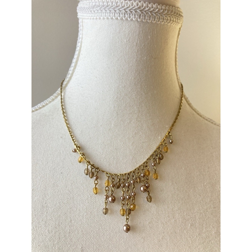 Romantic Gold Tone Fringe Necklace Earthy Brown Bead Dangle Bib Collar Dainty